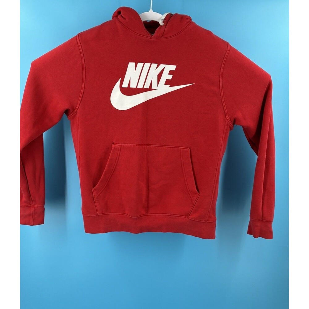 Nike Red Pullover Hoodie Sweatshirt White Swoosh Logo Size Medium
